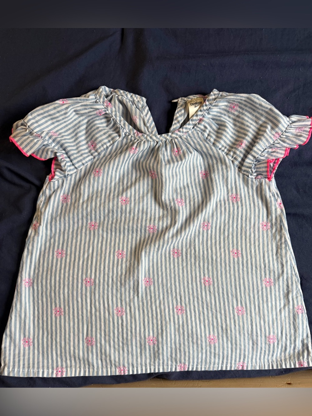 OshKosh B'gosh Blue and White Striped Top with Pink Floral Accents